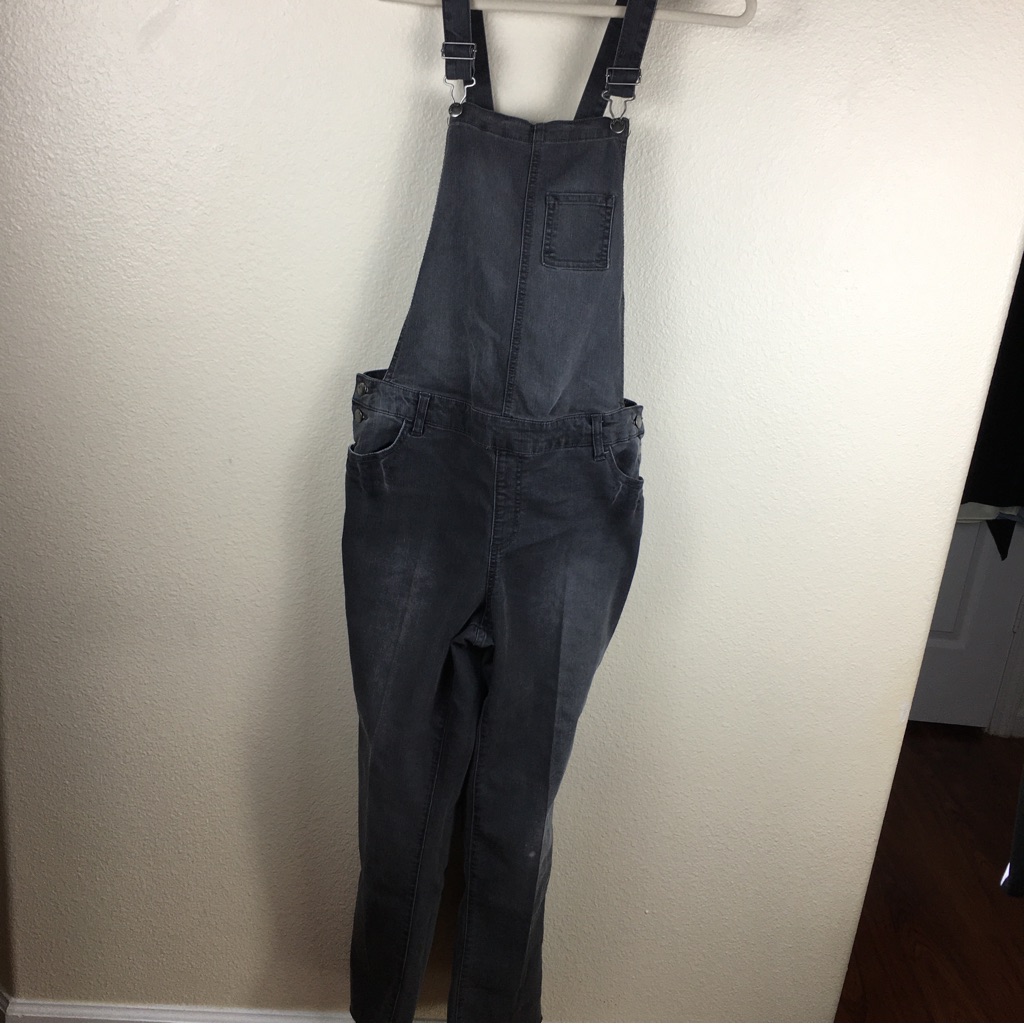 Bongo Dark Gray Black Washed Distressed Skinny Stretch Overall Jeans Sz 11